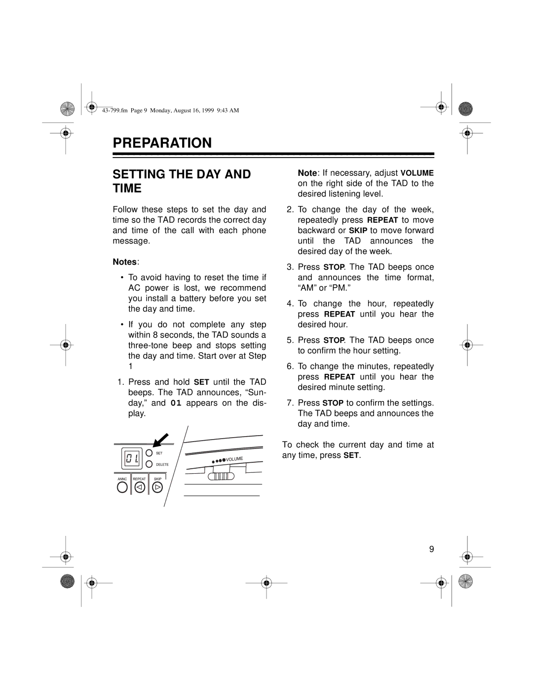 Radio Shack TAD-799 owner manual Preparation, Setting the DAY and Time 