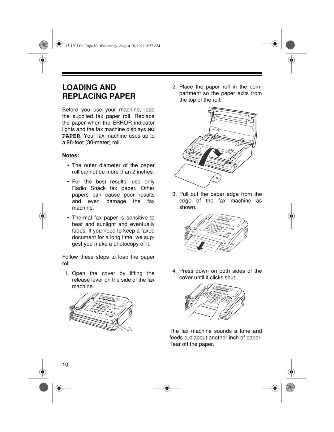 Radio Shack TFX-1031 owner manual Loading and Replacing Paper 