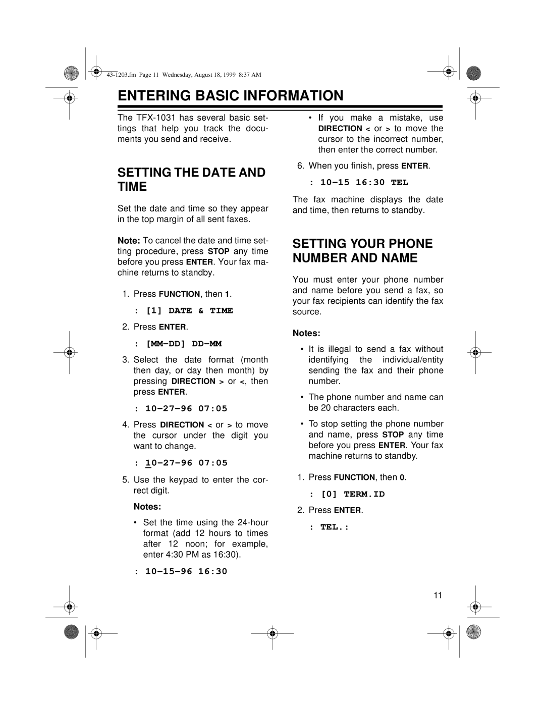 Radio Shack TFX-1031 owner manual Entering Basic Information, Setting the Date and Time, Mm-Dd Dd-Mm 