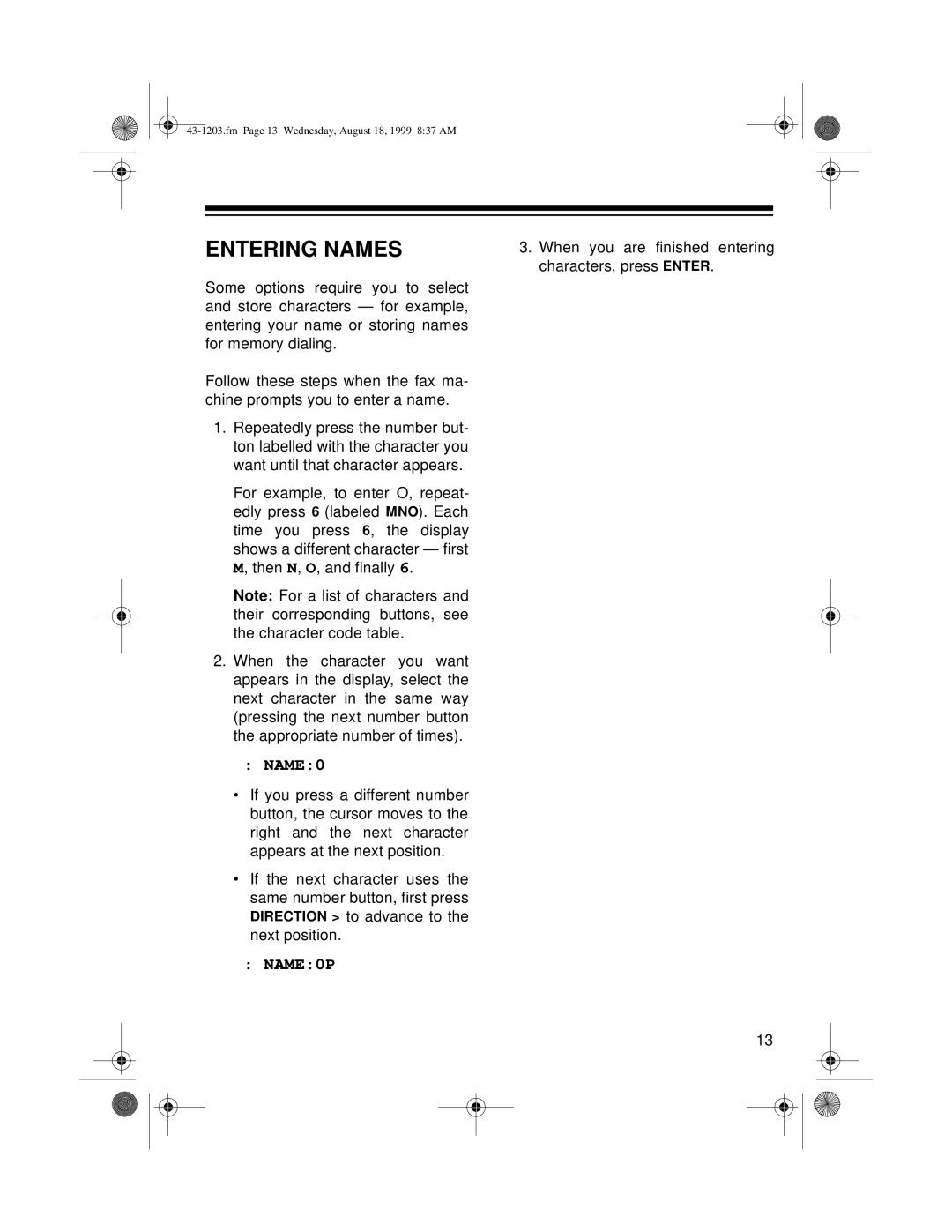 Radio Shack TFX-1031 owner manual Entering Names, NAME0P 