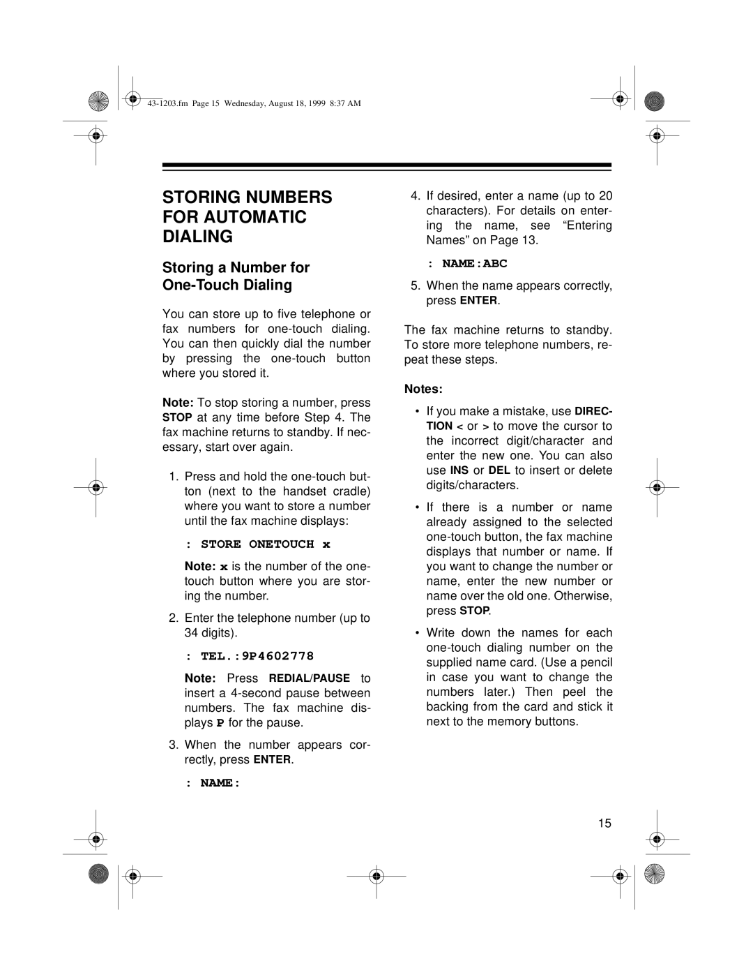 Radio Shack TFX-1031 owner manual Storing Numbers for Automatic Dialing, Storing a Number for One-Touch Dialing, Nameabc 