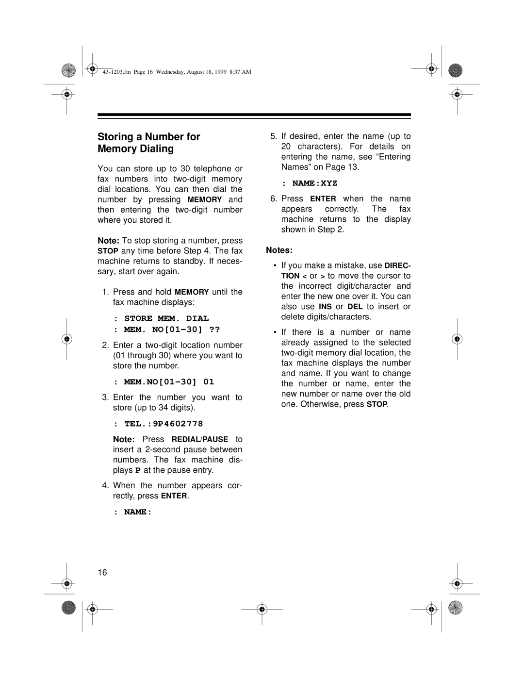 Radio Shack TFX-1031 owner manual Storing a Number for Memory Dialing, Store MEM. Dial, Namexyz 