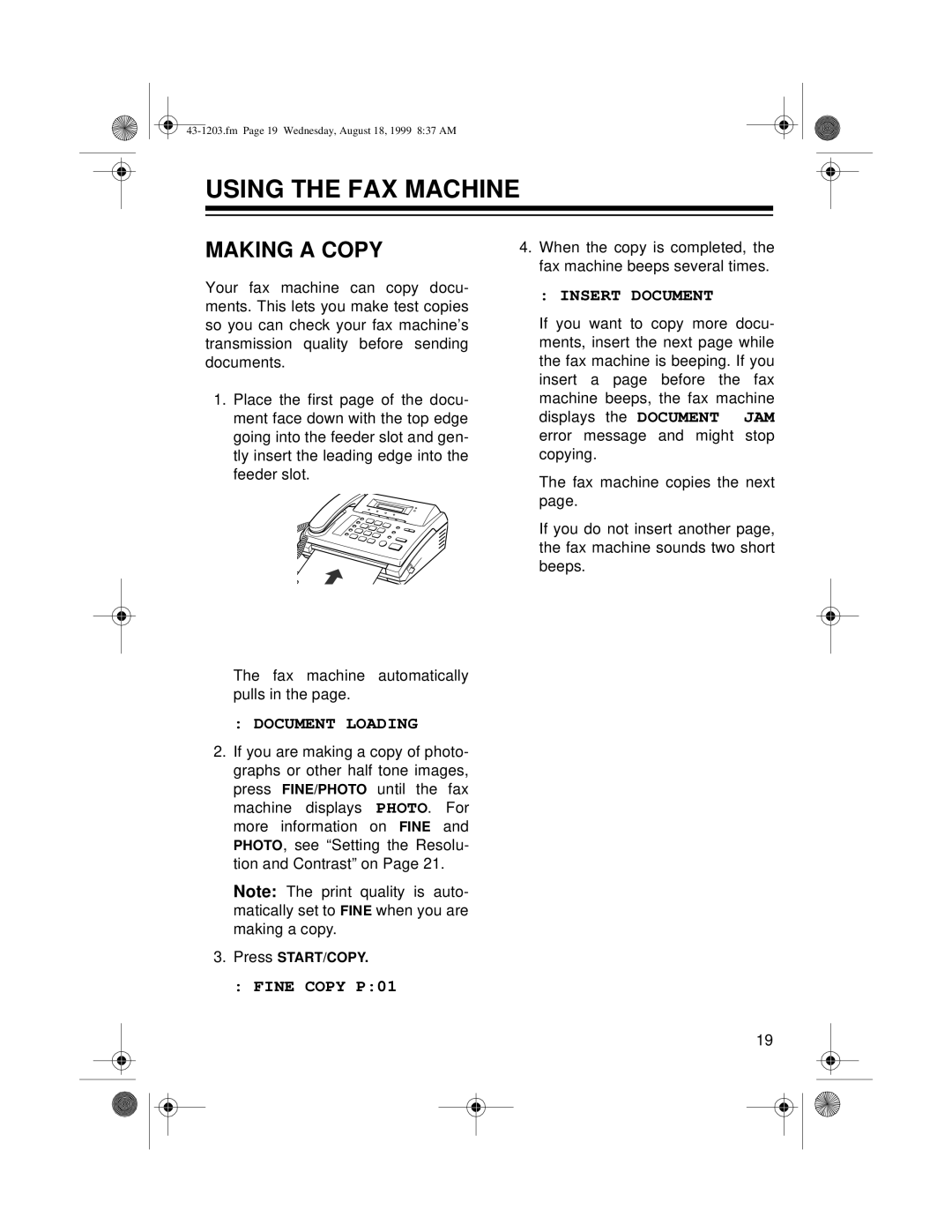 Radio Shack TFX-1031 owner manual Using the FAX Machine, Making a Copy, Insert Document, Document Loading, Fine Copy P01 