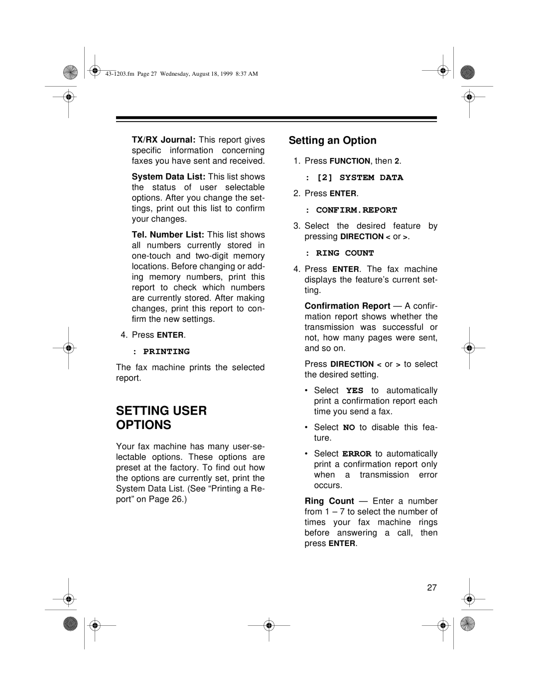 Radio Shack TFX-1031 owner manual Setting User Options, Setting an Option, Printing, Ring Count 