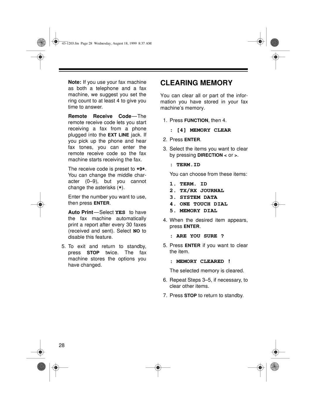 Radio Shack TFX-1031 owner manual Clearing Memory, Term.Id, Are YOU Sure ?, Memory Cleared 