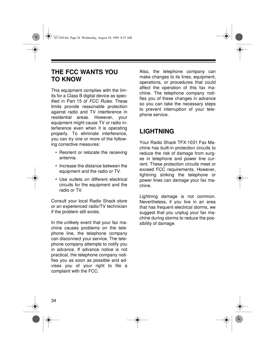 Radio Shack TFX-1031 owner manual FCC Wants YOU to Know, Lightning 