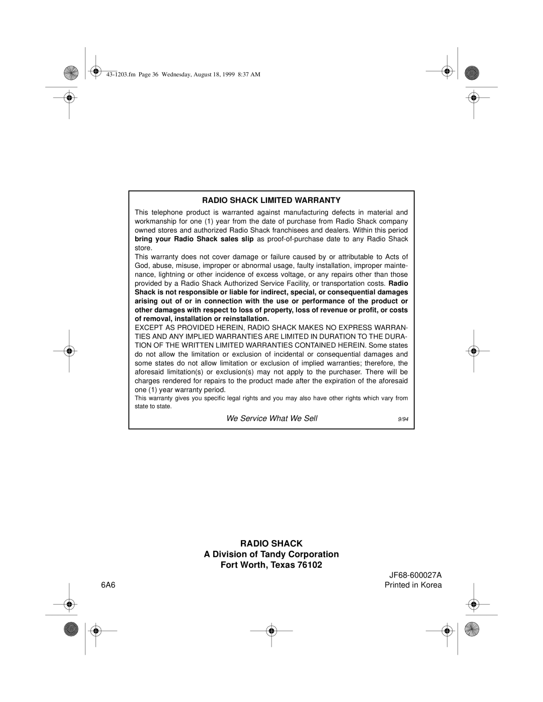 Radio Shack TFX-1031 owner manual Radio Shack 