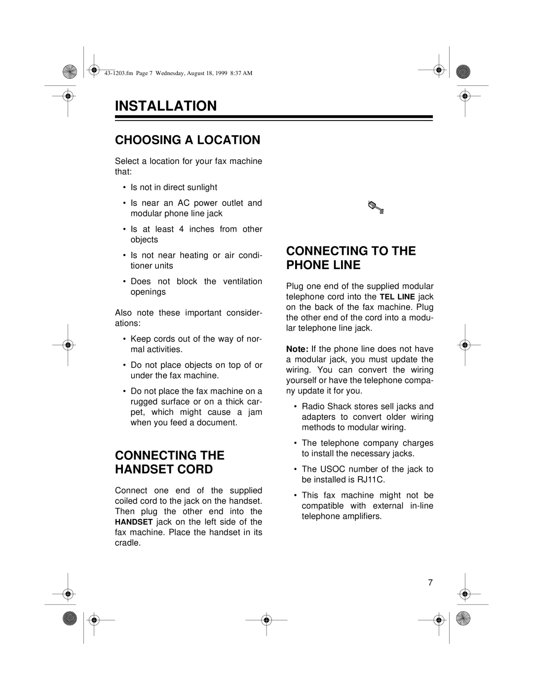 Radio Shack TFX-1031 owner manual Installation, Choosing a Location, Connecting Handset Cord, Connecting to the Phone Line 