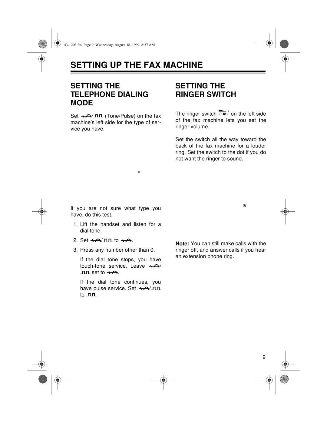 Radio Shack TFX-1031 owner manual Setting UP the FAX Machine, Setting the Telephone Dialing Mode, Setting Ringer Switch 