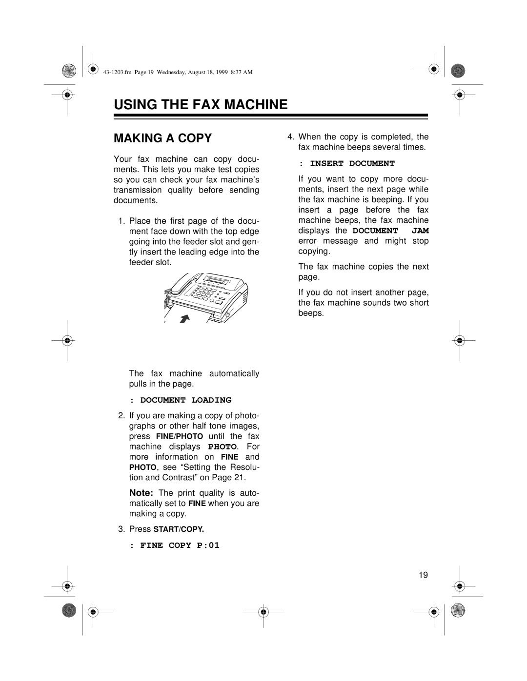 Radio Shack TFX-1031 owner manual Using The Fax Machine, Making A Copy, Insert Document, Document Loading, FINE COPY P01 