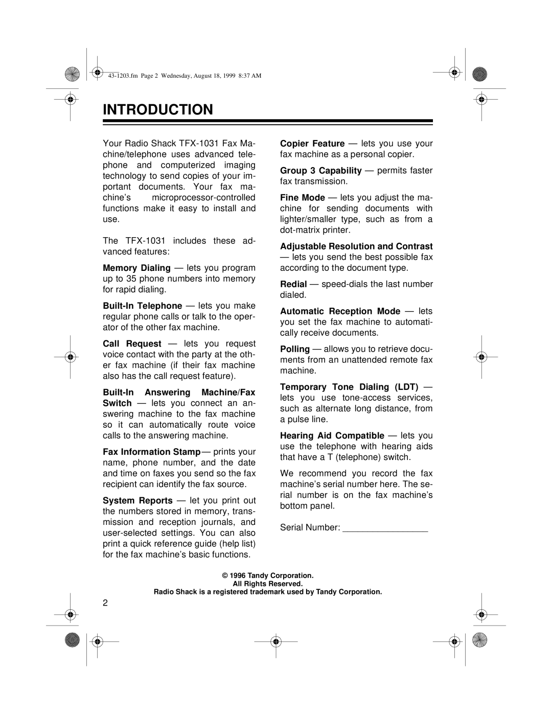 Radio Shack TFX-1031 owner manual Introduction 