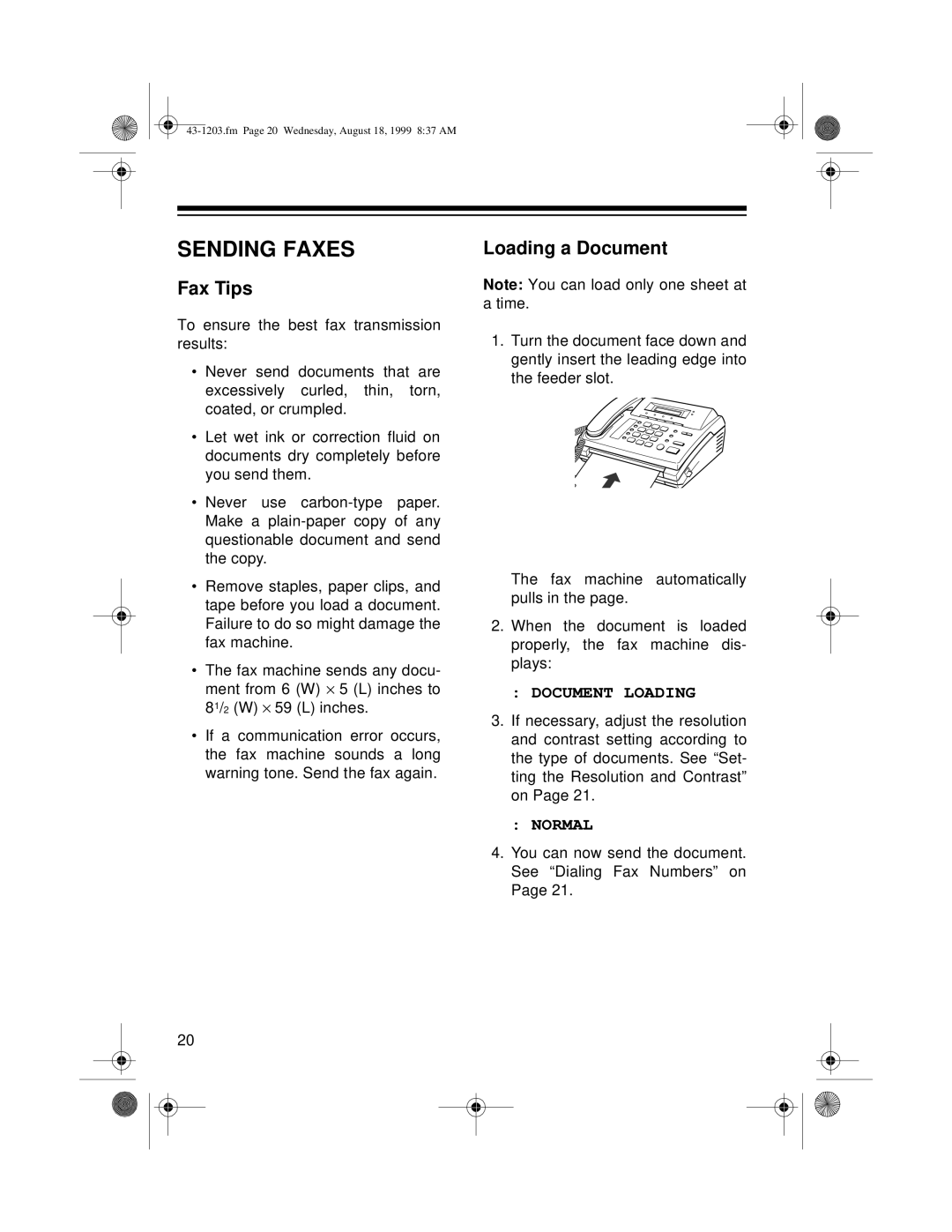 Radio Shack TFX-1031 owner manual Sending Faxes, Fax Tips, Loading a Document, Normal, Document Loading 