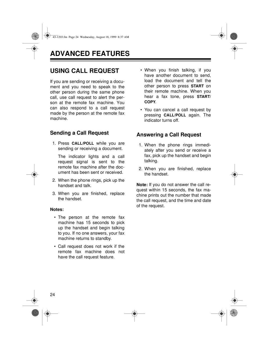 Radio Shack TFX-1031 owner manual Advanced Features, Using Call Request, Sending a Call Request, Answering a Call Request 