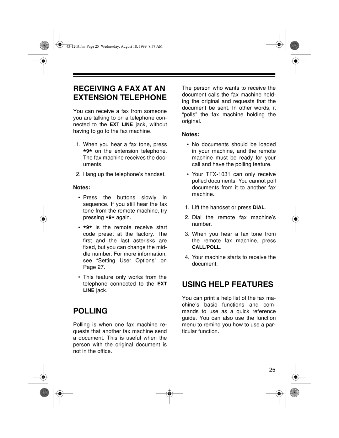 Radio Shack TFX-1031 owner manual Polling, Using Help Features, Receiving A Fax At An Extension Telephone 