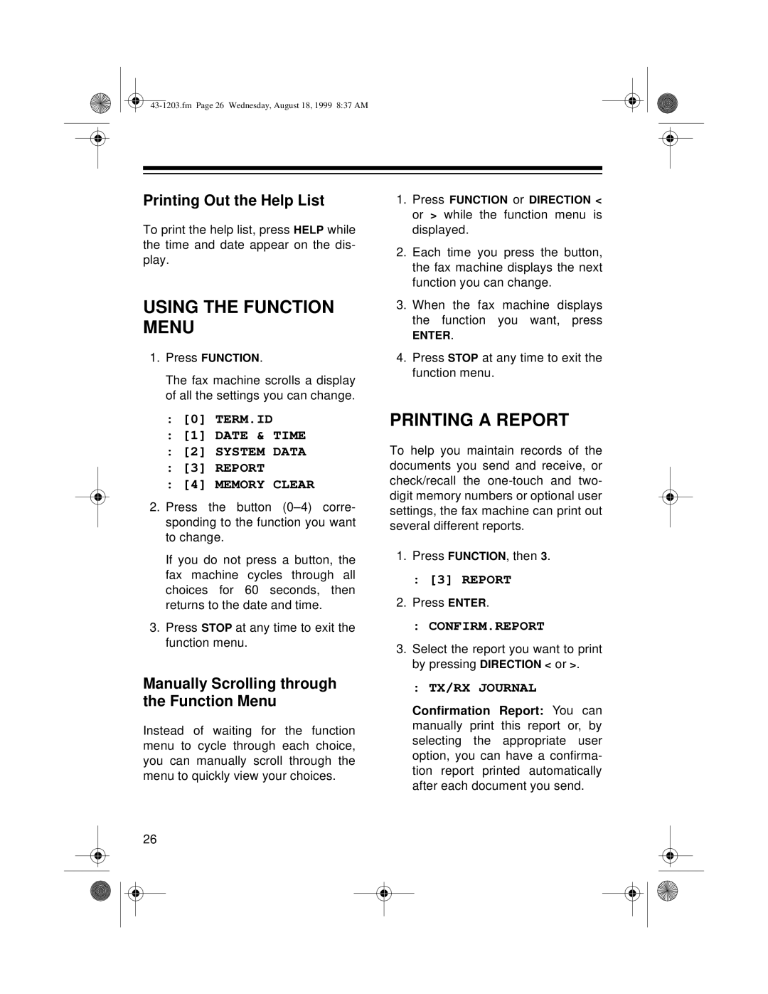Radio Shack TFX-1031 Using The Function Menu, Printing A Report, Printing Out the Help List, Confirm.Report, Tx/Rx Journal 