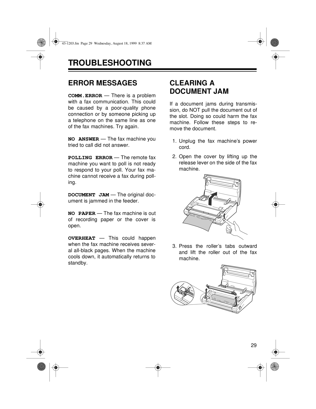 Radio Shack TFX-1031 owner manual Troubleshooting, Error Messages, Clearing A Document Jam 