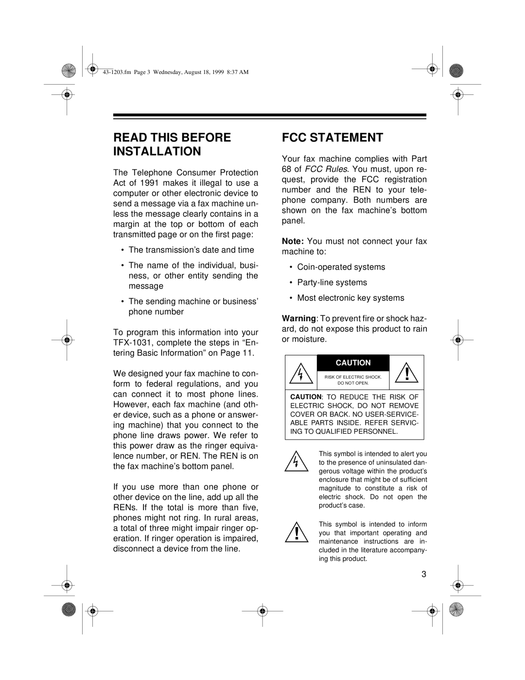 Radio Shack TFX-1031 owner manual Read This Before Installation, Fcc Statement 