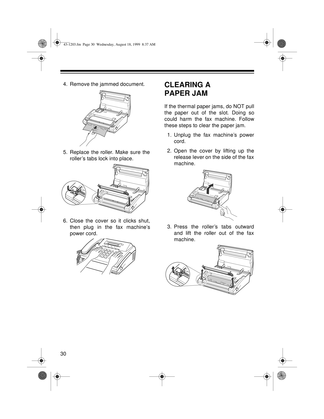 Radio Shack TFX-1031 owner manual Clearing A Paper Jam, fm Page 30 Wednesday, August 18, 1999 837 AM 