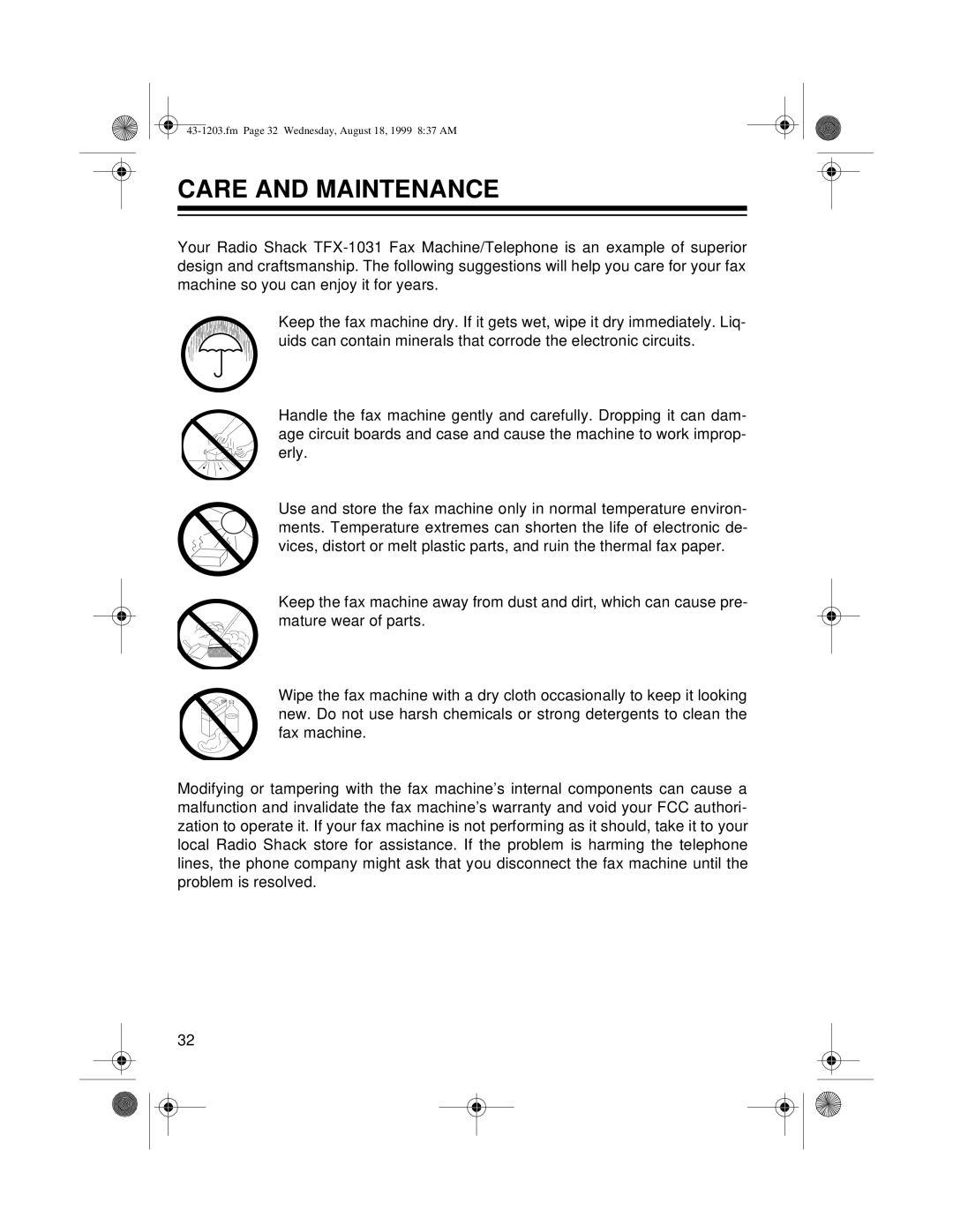 Radio Shack TFX-1031 owner manual Care And Maintenance, fm Page 32 Wednesday, August 18, 1999 837 AM 