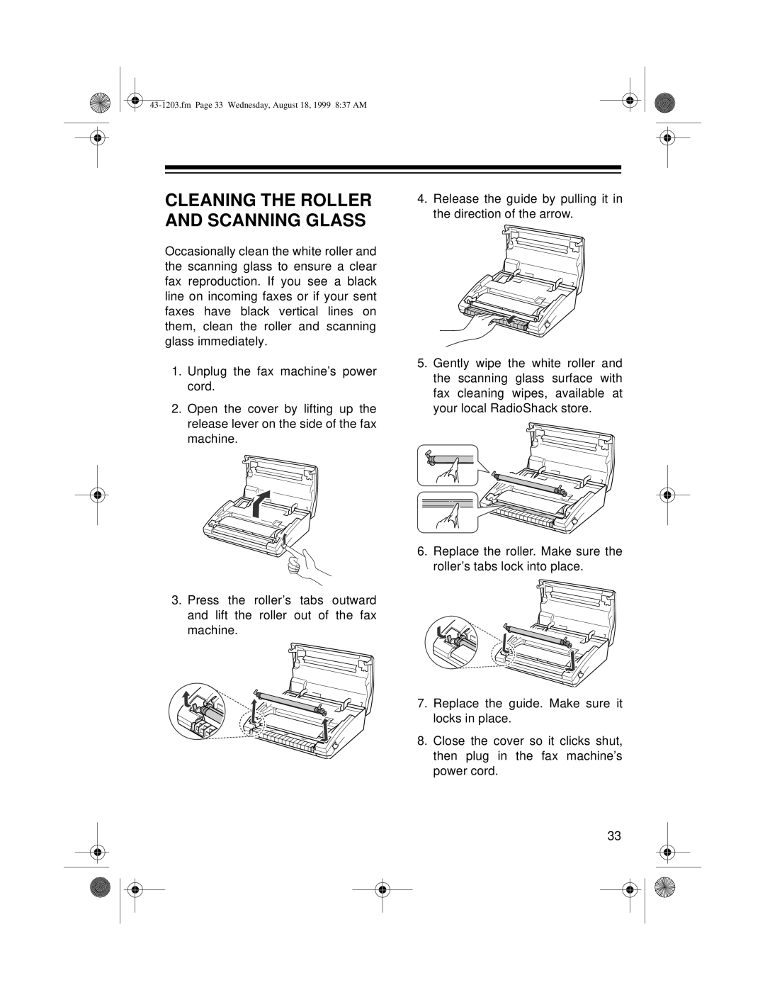 Radio Shack TFX-1031 owner manual Cleaning The Roller And Scanning Glass, fm Page 33 Wednesday, August 18, 1999 837 AM 