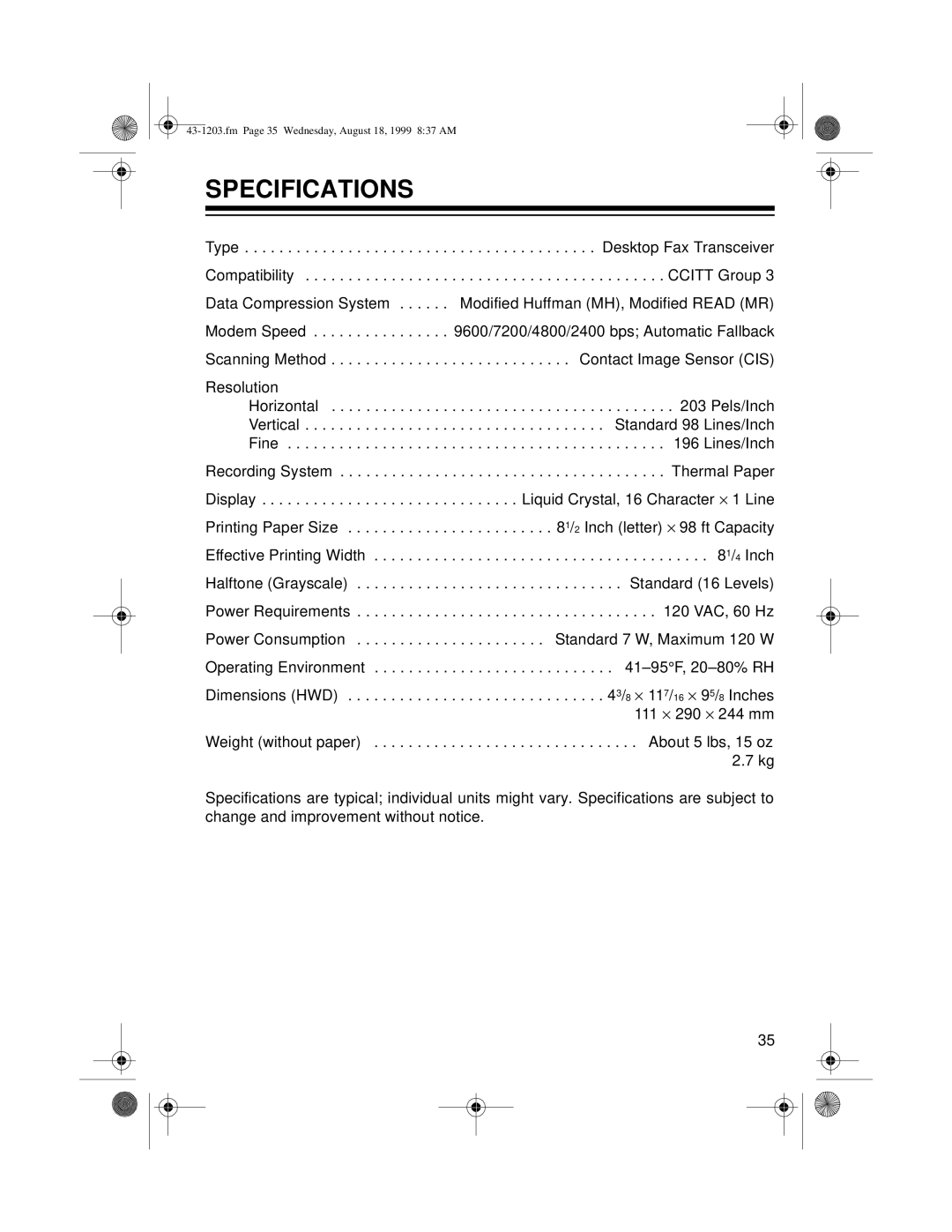 Radio Shack TFX-1031 owner manual Specifications 