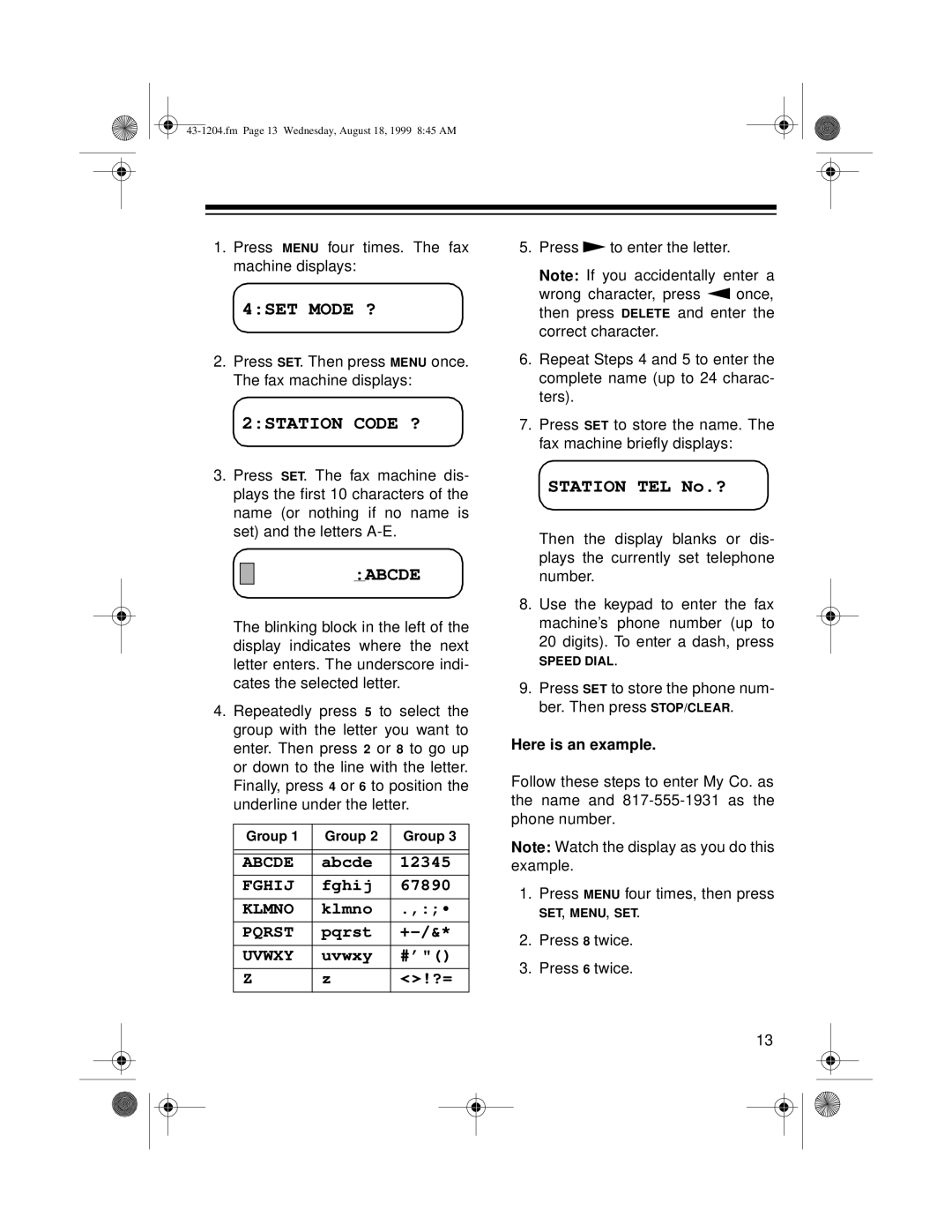 Radio Shack TFX-1032 owner manual 2STATION Code ?, Abcde 