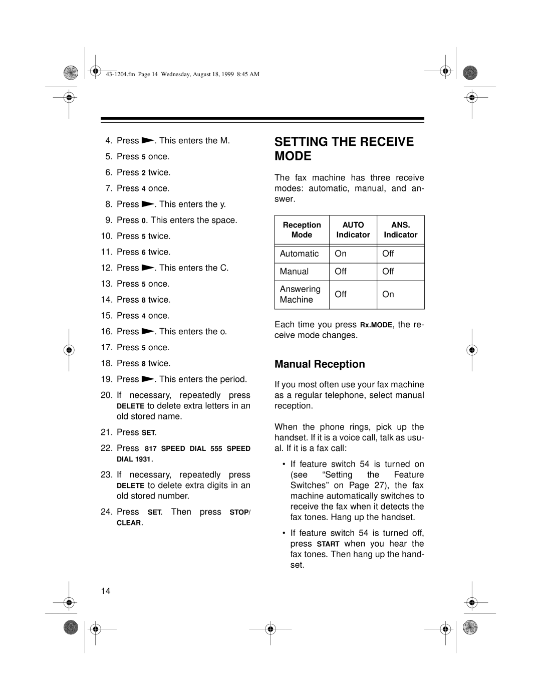 Radio Shack TFX-1032 owner manual Setting the Receive Mode, Manual Reception 