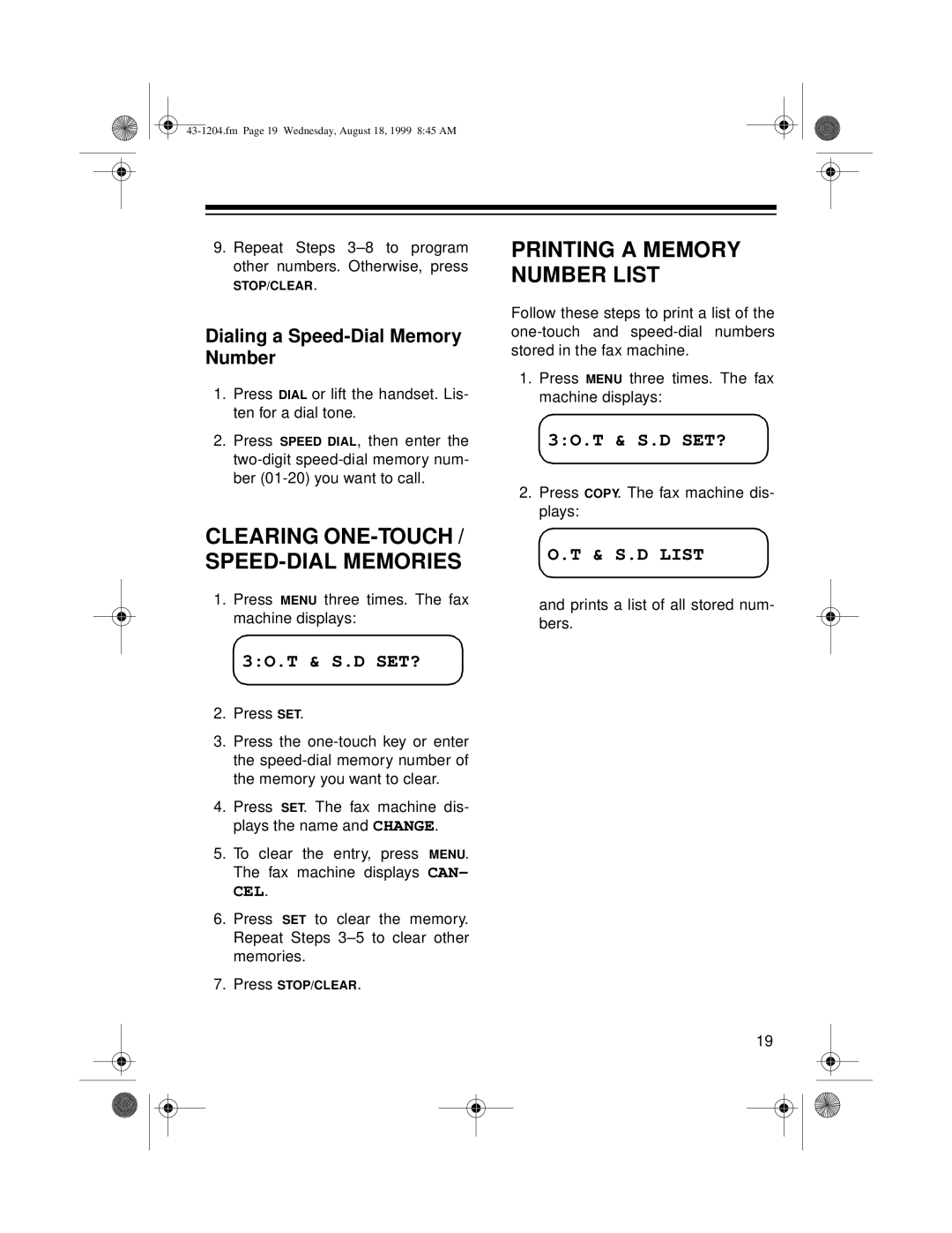 Radio Shack TFX-1032 owner manual Printing a Memory Number List, Dialing a Speed-Dial Memory Number, S.D List 