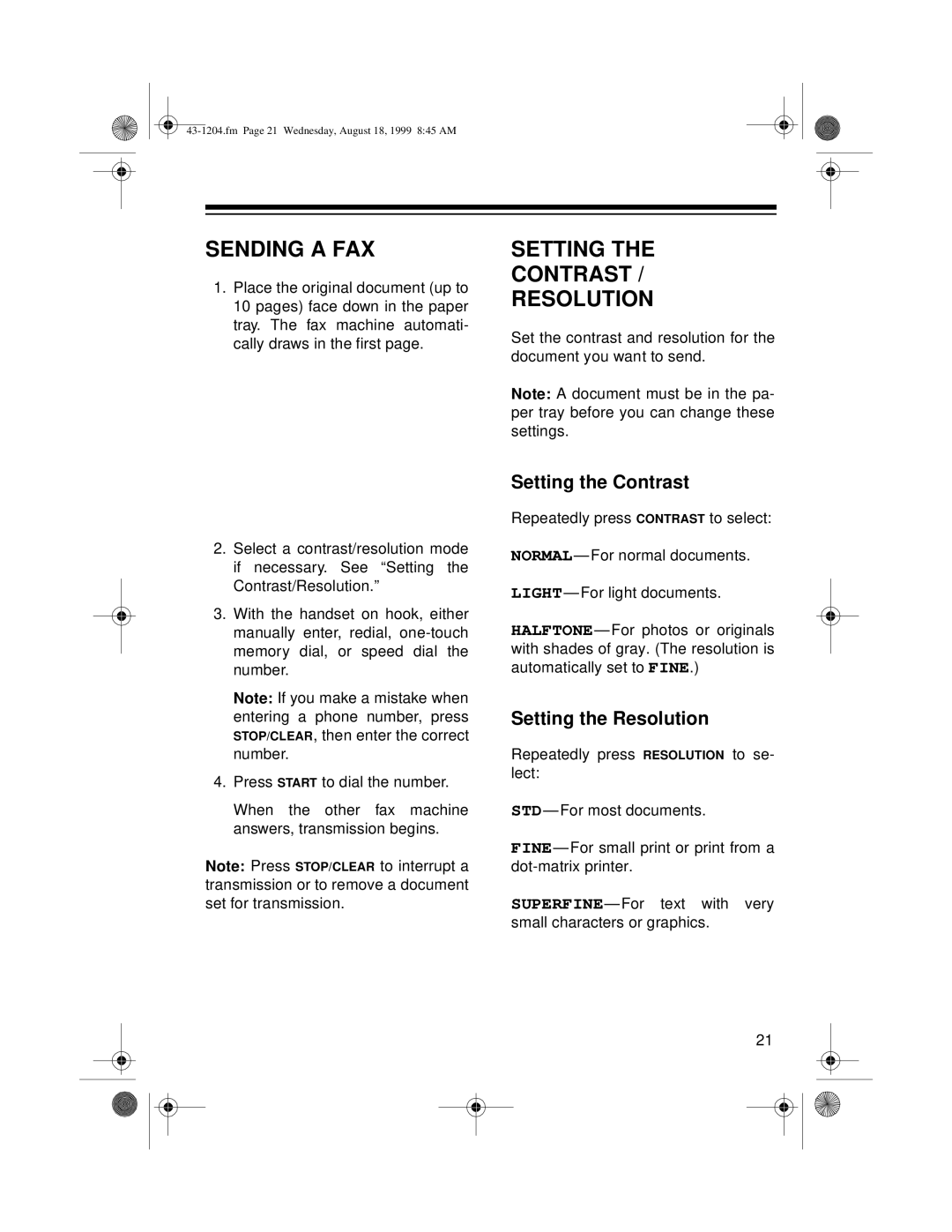 Radio Shack TFX-1032 owner manual Sending a FAX, Setting Contrast Resolution, Setting the Contrast, Setting the Resolution 