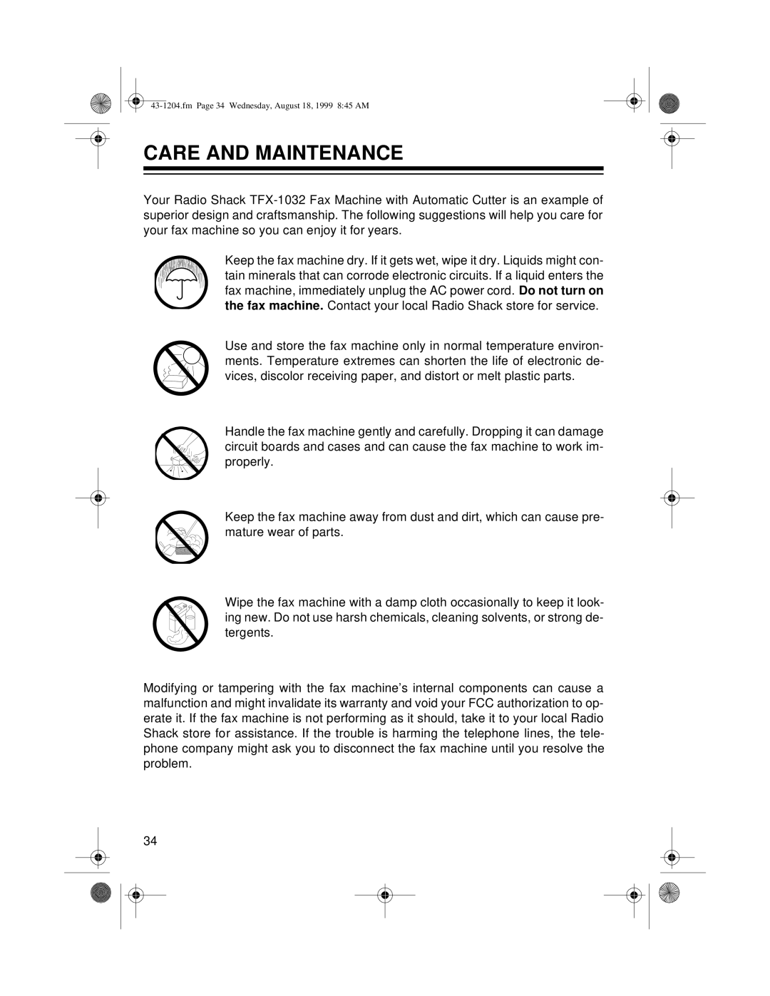 Radio Shack TFX-1032 owner manual Care and Maintenance 