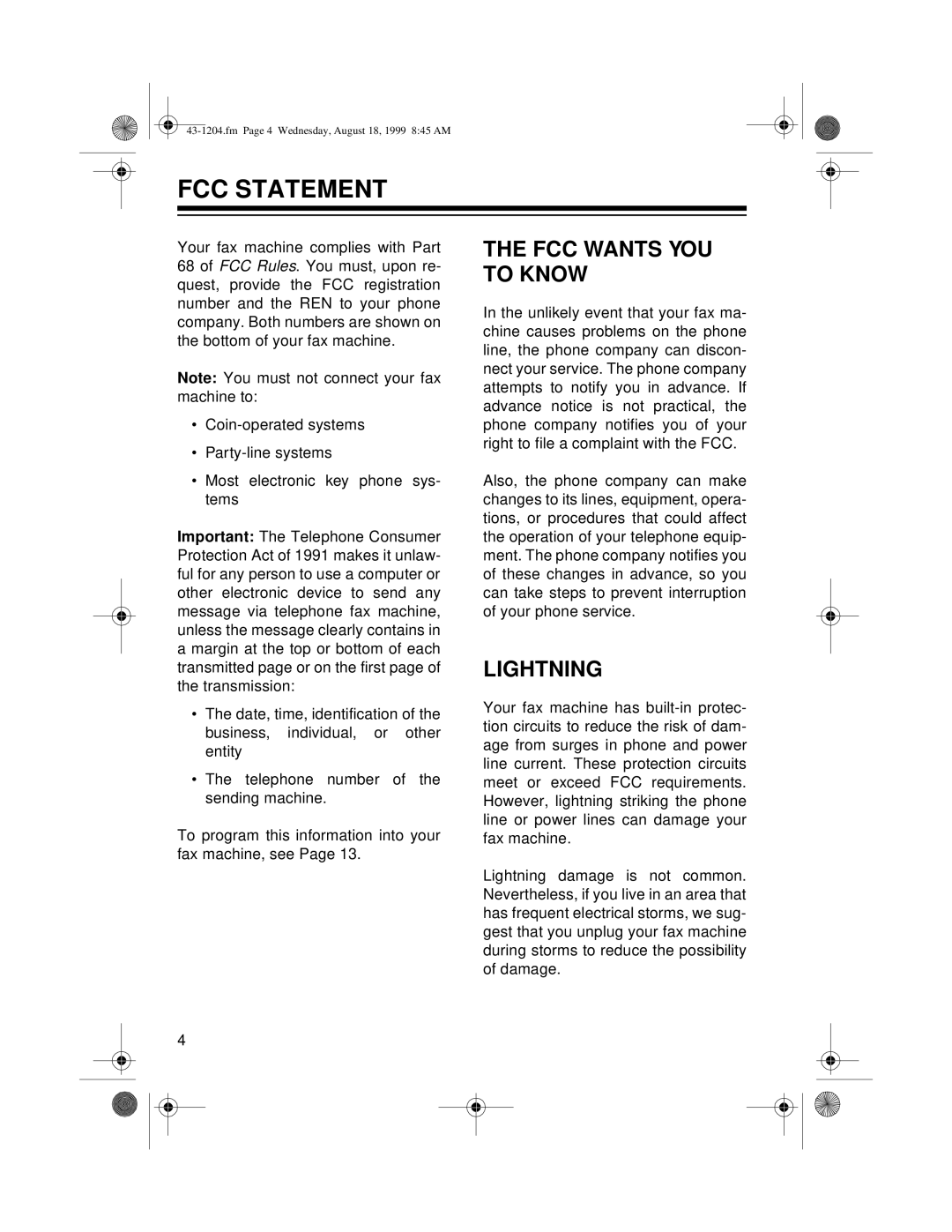 Radio Shack TFX-1032 owner manual FCC Statement, FCC Wants YOU to Know, Lightning 