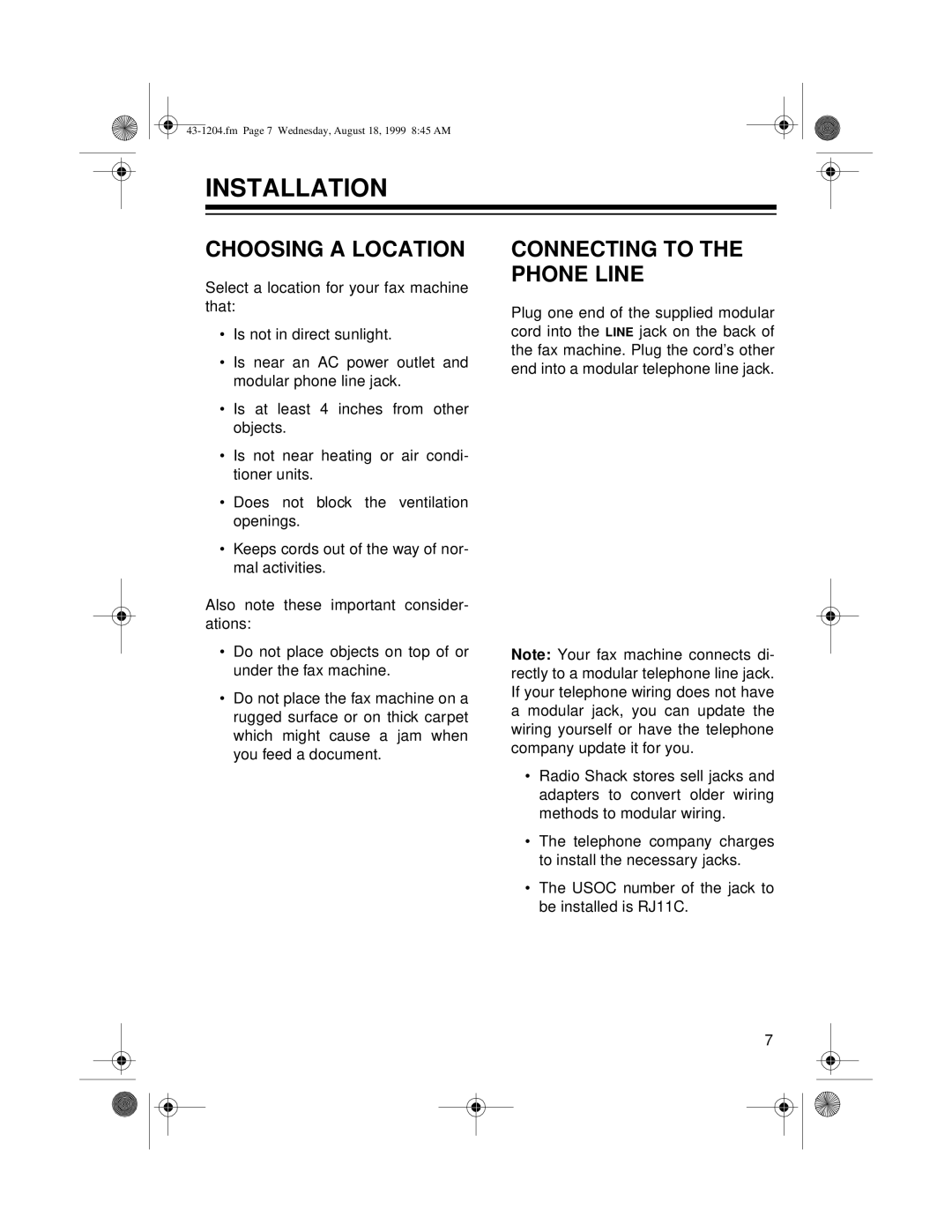 Radio Shack TFX-1032 owner manual Installation, Choosing a Location, Connecting to the Phone Line 