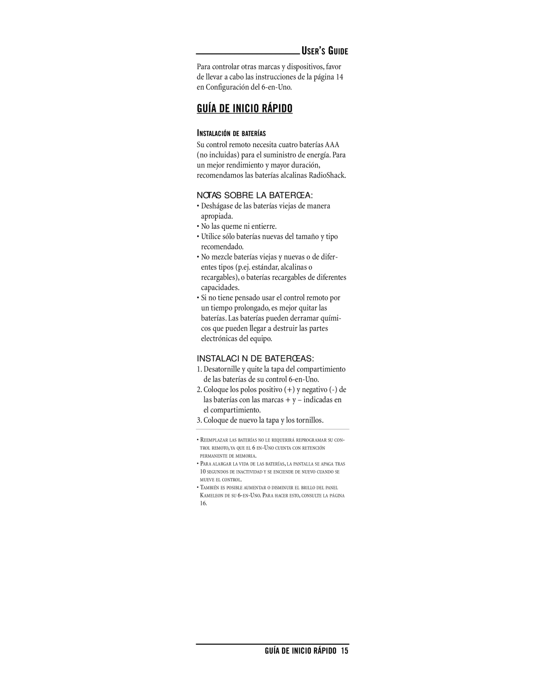 Radio Shack TOUCHSCREEN REMOTE owner manual Guía DE Inicio Rápido, Instalación DE Baterías 