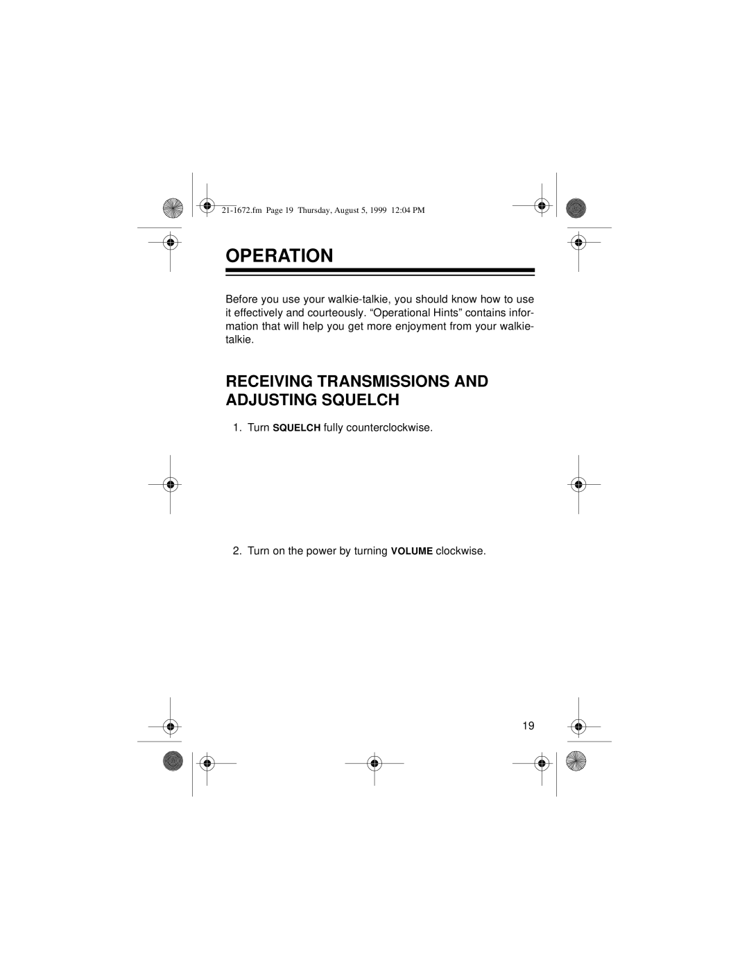 Radio Shack TRC-232 owner manual Operation, Receiving Transmissions and Adjusting Squelch 