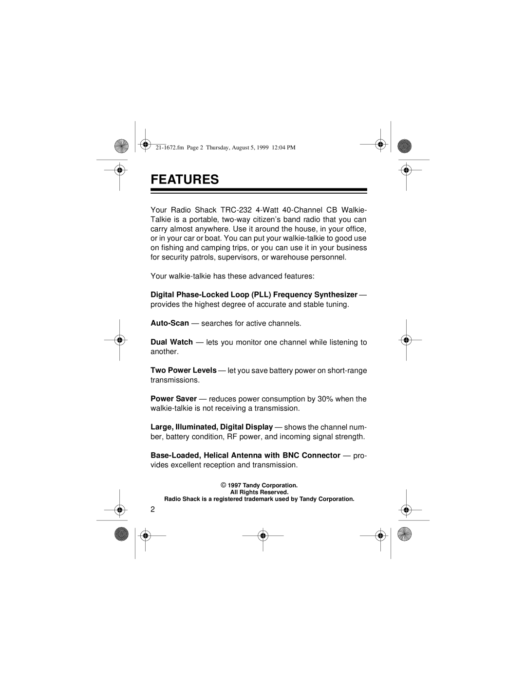 Radio Shack TRC-232 owner manual Features, Digital Phase-Locked Loop PLL Frequency Synthesizer 