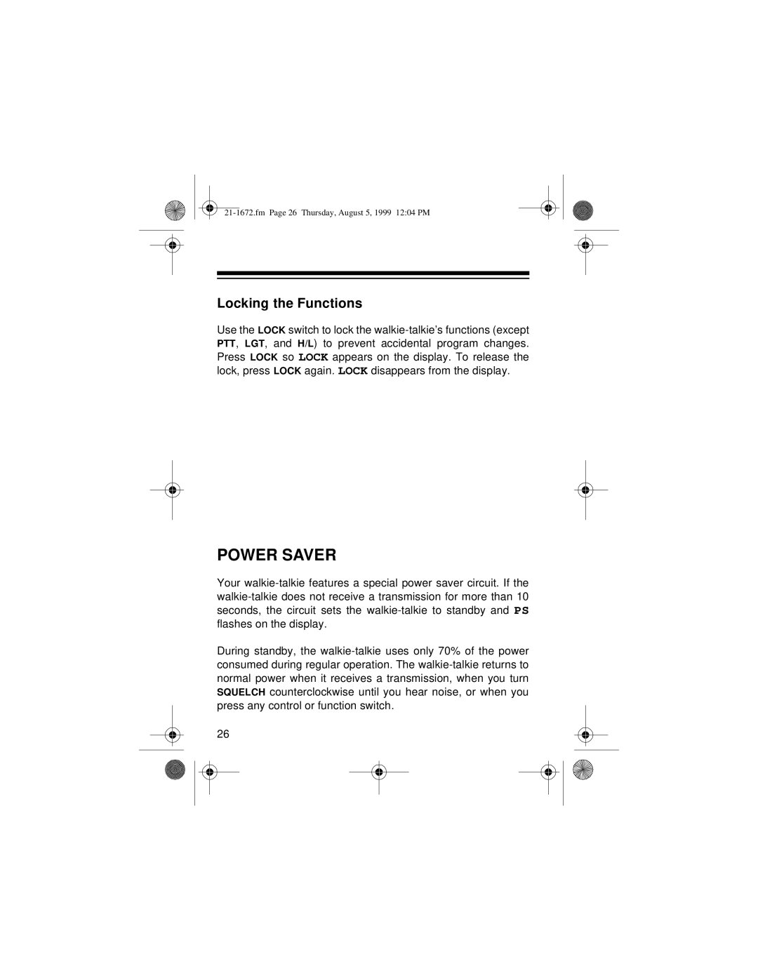 Radio Shack TRC-232 owner manual Power Saver, Locking the Functions 