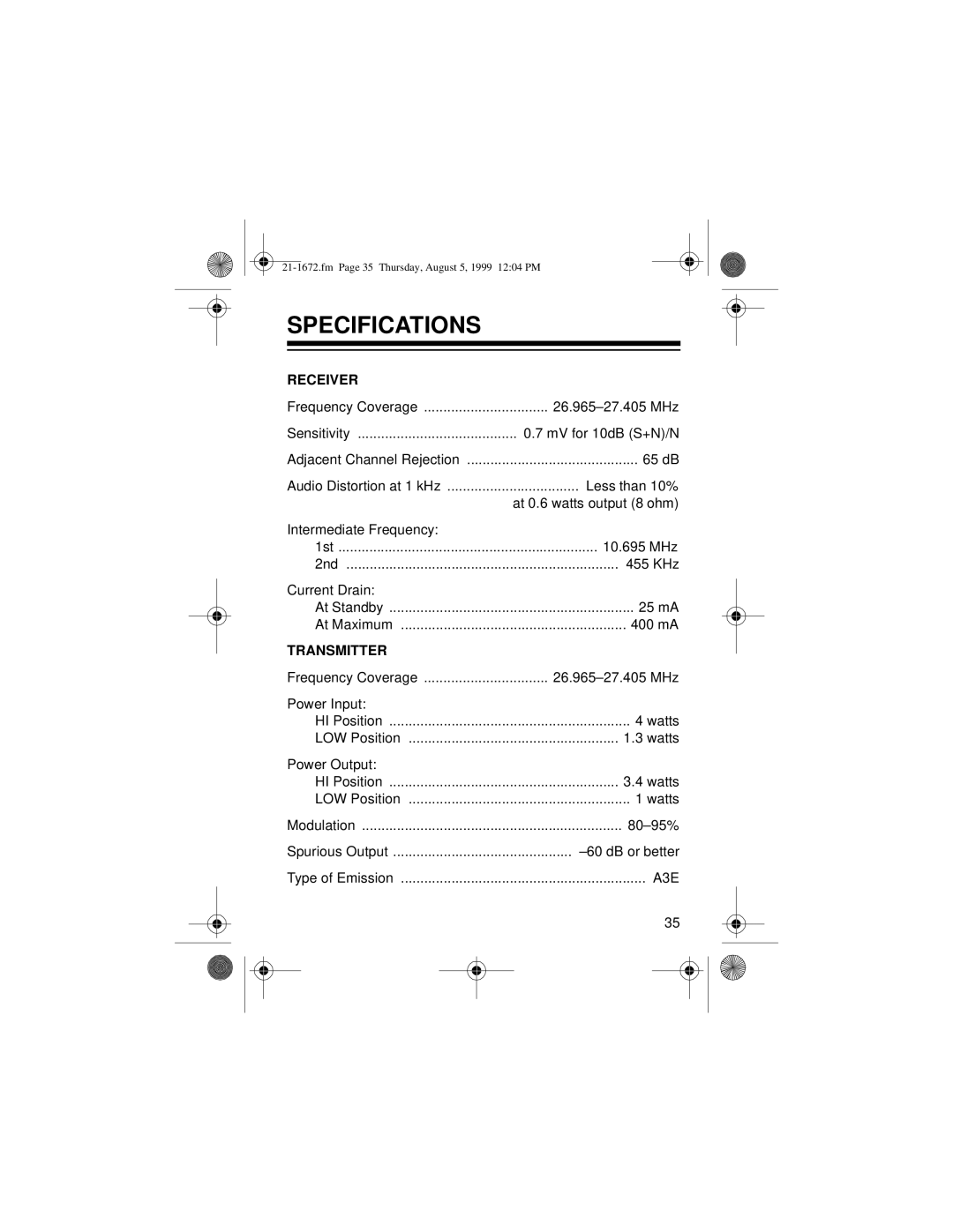 Radio Shack TRC-232 owner manual Specifications, Receiver 