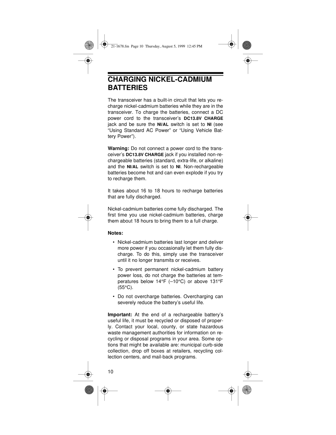 Radio Shack TRC-234 owner manual Charging NICKEL-CADMIUM Batteries 