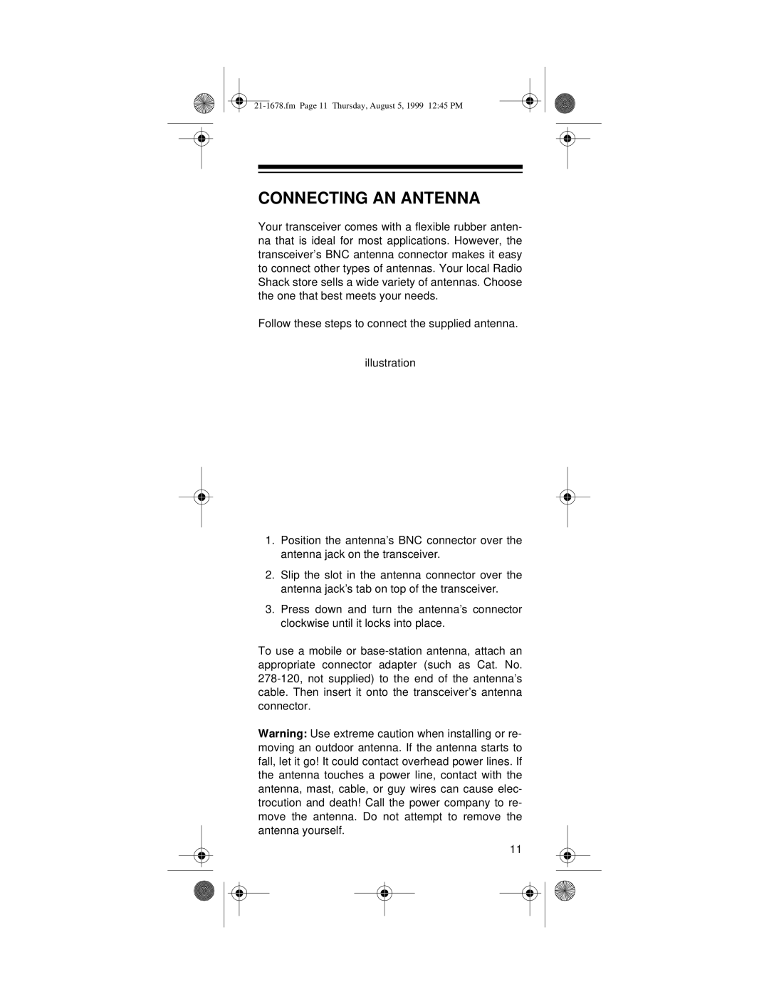 Radio Shack TRC-234 owner manual Connecting AN Antenna 