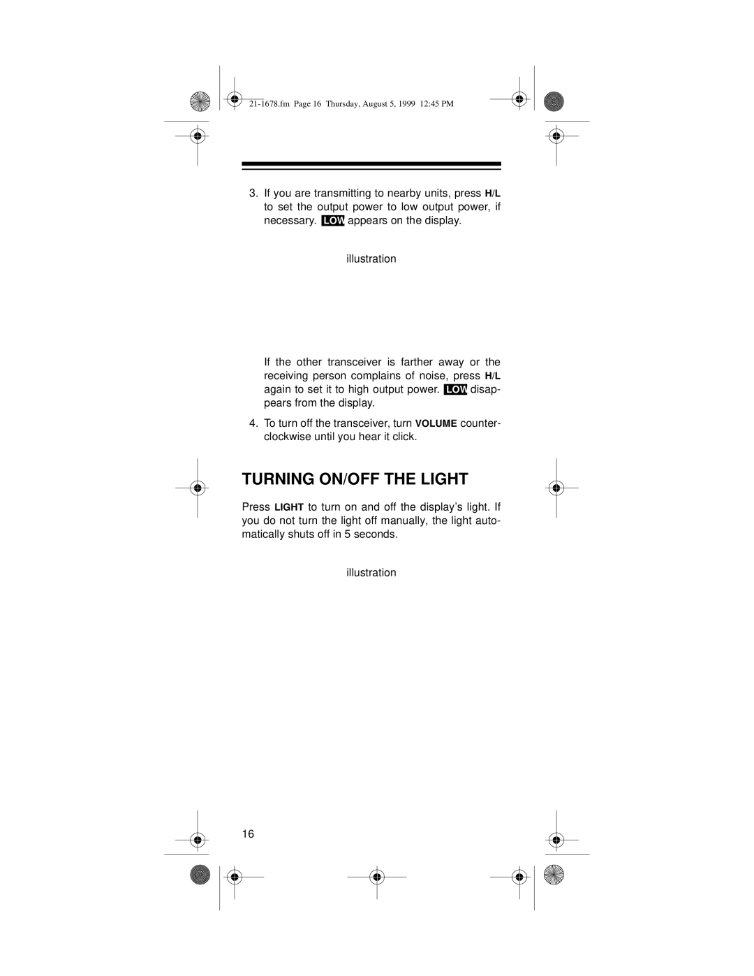 Radio Shack TRC-234 owner manual Turning ON/OFF the Light 