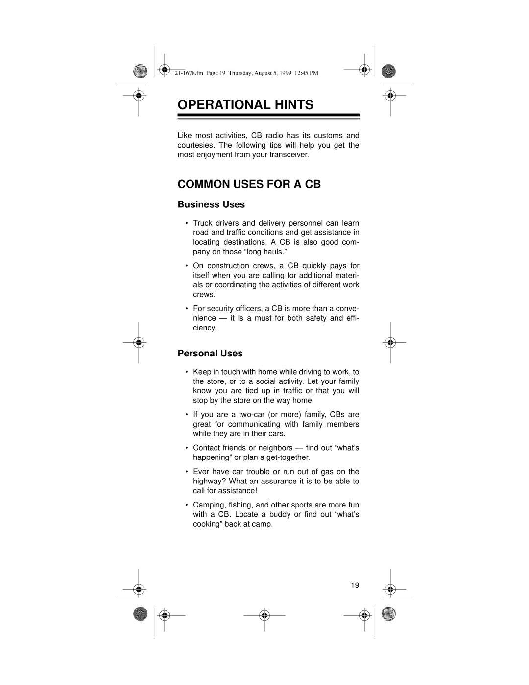 Radio Shack TRC-234 owner manual Operational Hints, Common Uses for a CB 