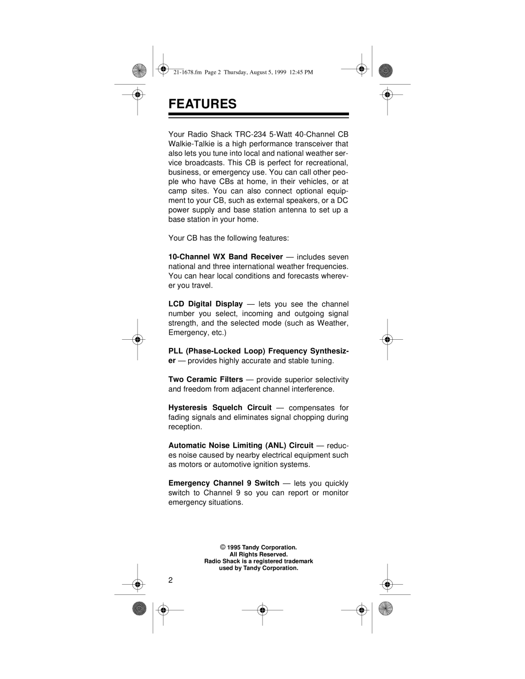 Radio Shack TRC-234 owner manual Features, PLL Phase-Locked Loop Frequency Synthesiz 