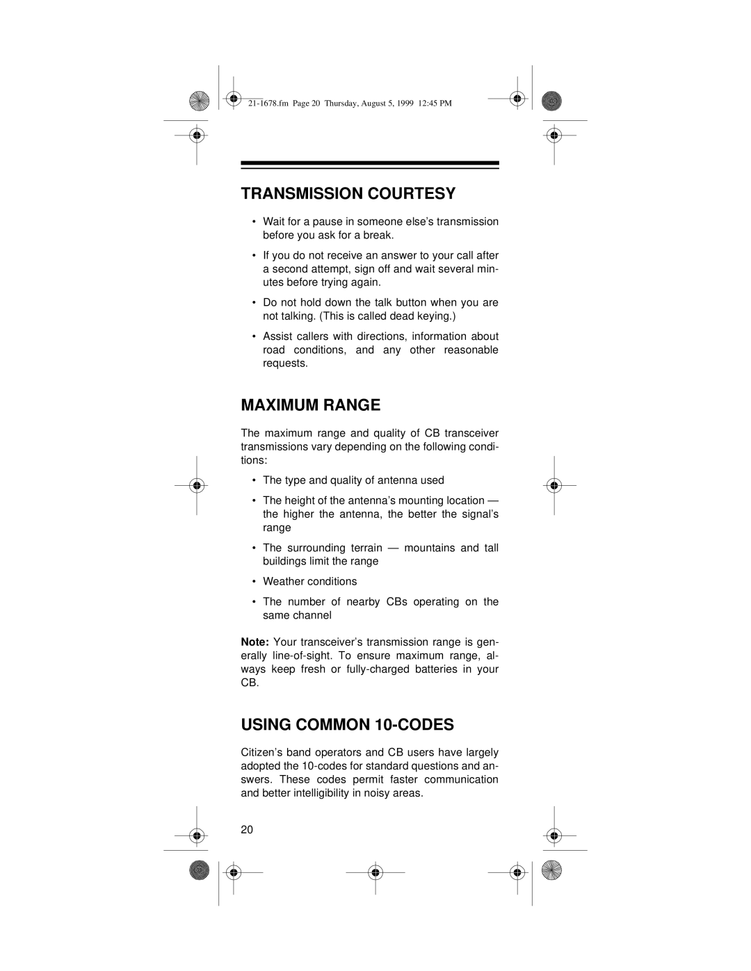 Radio Shack TRC-234 owner manual Transmission Courtesy, Maximum Range, Using Common 10-CODES 