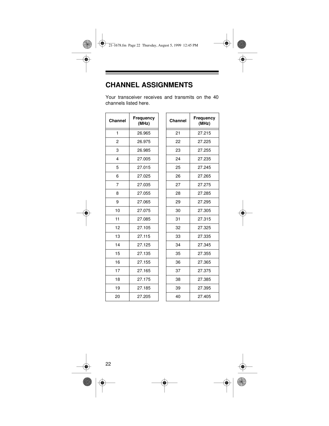 Radio Shack TRC-234 owner manual Channel Assignments, Channel Frequency MHz 