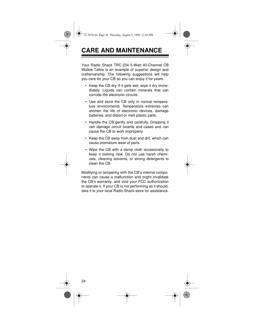 Radio Shack TRC-234 owner manual Care and Maintenance 