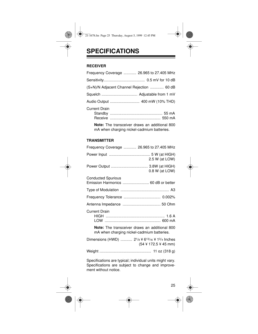 Radio Shack TRC-234 owner manual Specifications, Receiver 