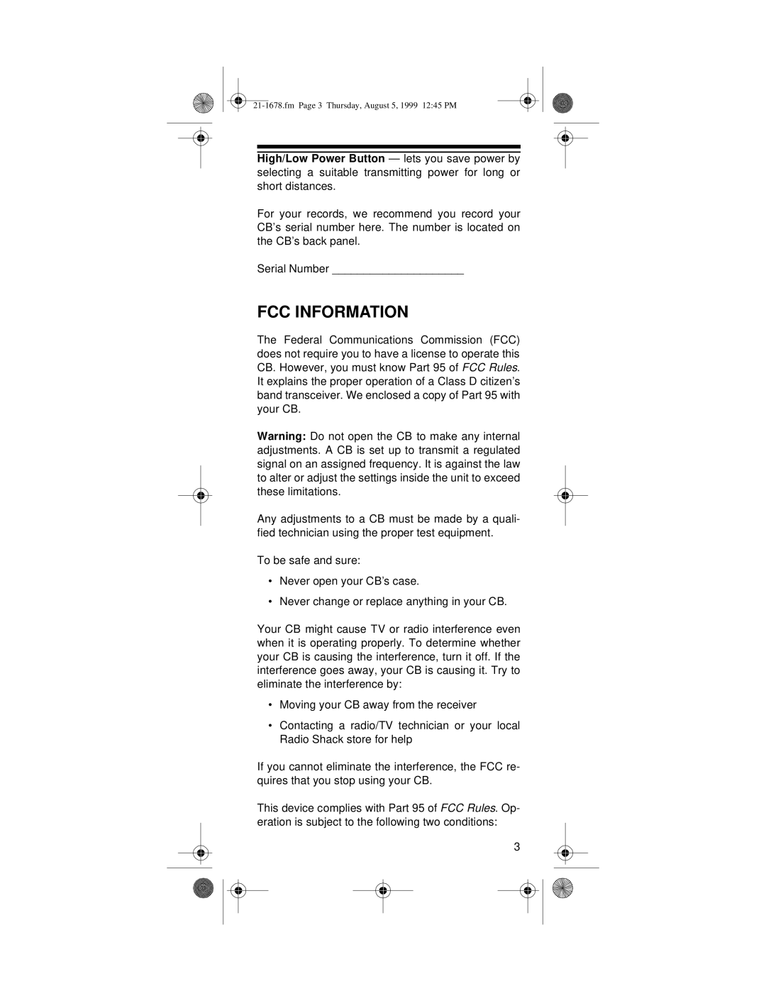 Radio Shack TRC-234 owner manual FCC Information 