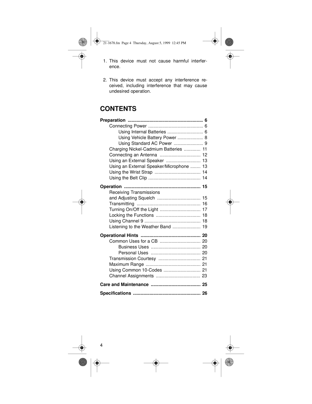 Radio Shack TRC-234 owner manual Contents 