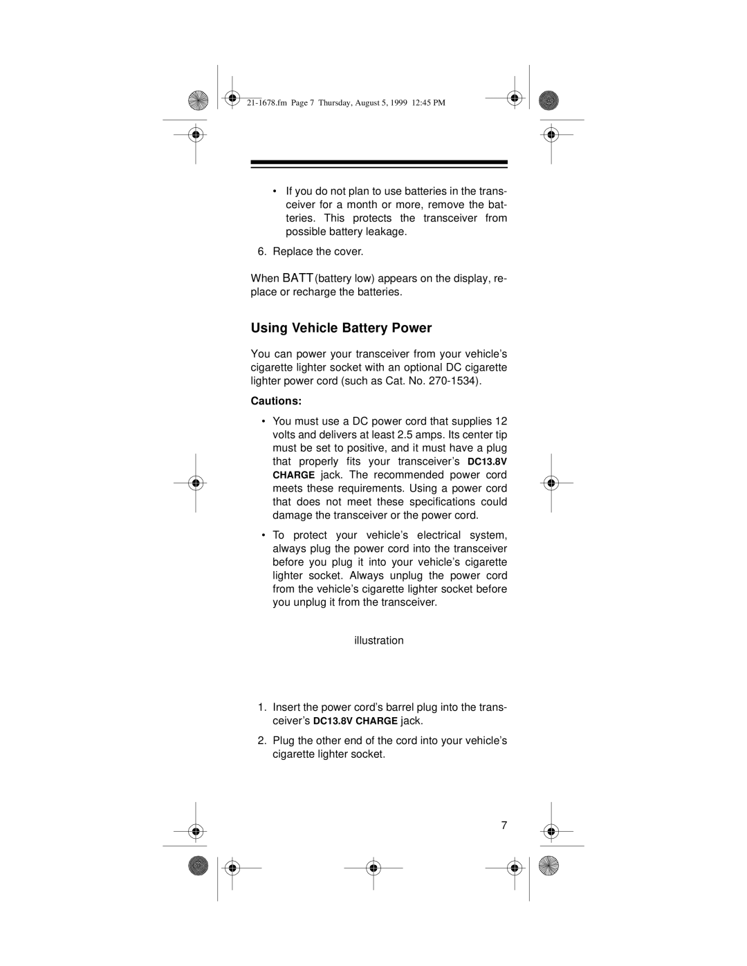 Radio Shack TRC-234 owner manual Using Vehicle Battery Power 