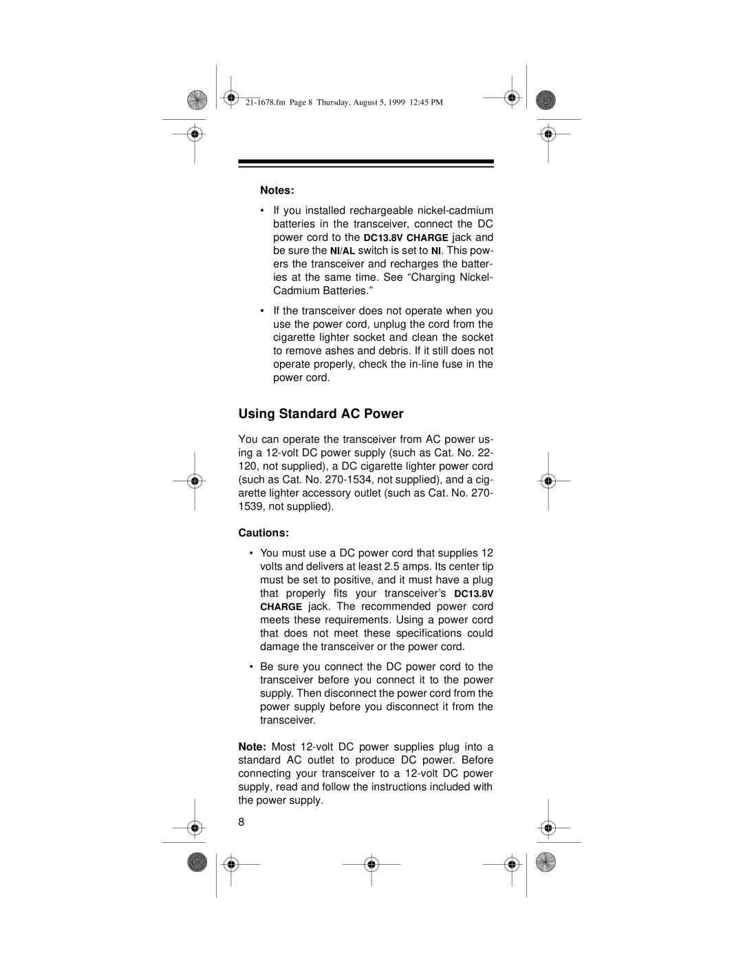 Radio Shack TRC-234 owner manual Using Standard AC Power 